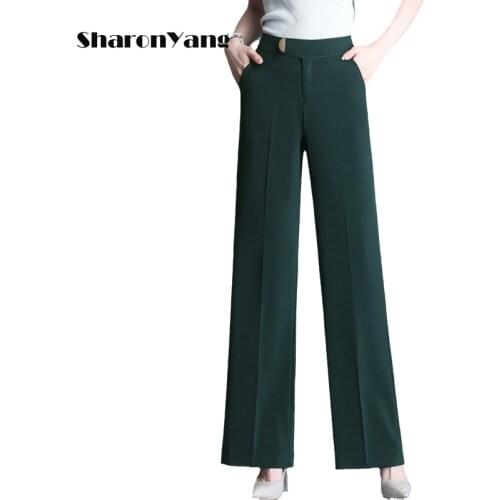 Women Wide Leg Pants 2021 Fashion Office Wear Green Straight Pants Vintage High Waist Zipper Fly Female Trousers Plus Size Mujer