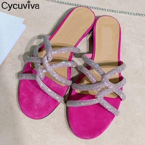 Women Summer Flat Slippers Peep Toe Rhinestone Cross Tie Ladies Gladiator Mules Brand Designer Dress Crystal Shoes For Women