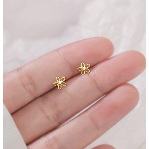 Real 100% 925 Sterling Silver Cute Sweet Hollow Mini Small Flower Geometric Stud Earrings for Women Korean Fine Jewelry