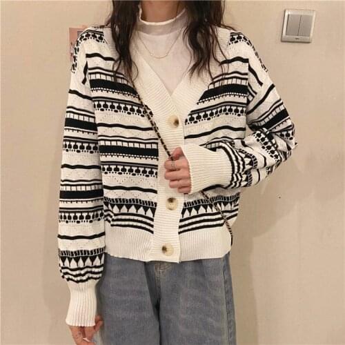 Woman Sweaters Cardigan Korean Style Loose V-neck Sweater Geometric Brocade Sweater Coat
