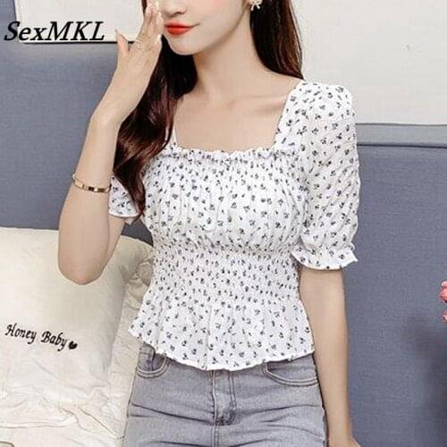 Women Floral Printed Crop Corset Tops 2021 Fashion Casual Puff Sleeve Summer Blouses Slim French Vintage Y2k Sexy Bustier Top XL