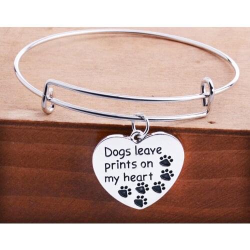 12PC Dogs Leave Prints On My Heart Black Paw Prints Heart Pendant Bangles Adjustable Bracelets Silver Plated Women Men Jewelry