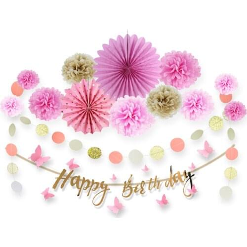 15pcs Birthday Party Decoration Kit Happy Birthday Banner Circle Garland 3D Butterfly Wall Stickers Paper Fans Tissue Pom Poms
