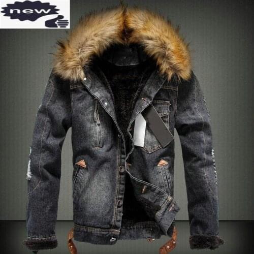45-100KG Large Size Winter Men Denim Jacket Big Fur Collar Mens Coat Fleece Warm Outwear Male Cowboy Casual Top High Quality 4XL