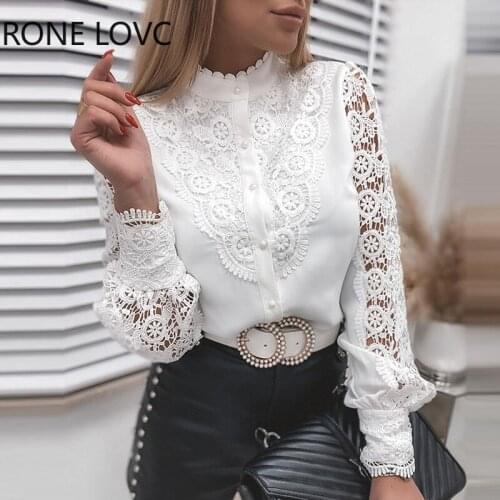Solid White Blouses Patchwork Lace Long Sleeve V-neck Turnleneck Women Shirt Buton Up Elegant Gentle Autumn 2021 Ladies Shirts