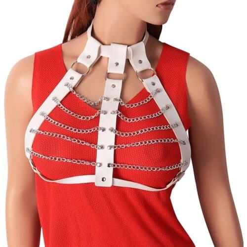 Leather Harness Fashion Punk Goth Sexy Lingerie Cupless Bra Tops Harness Belt Body Bondage Chest Straps White Studded Rivet Top