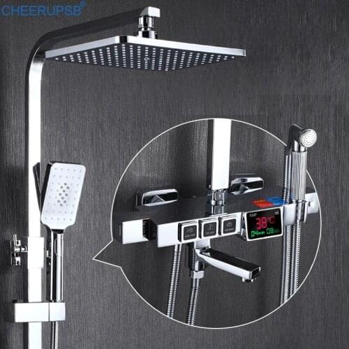 Digital Shower Set Bathroom Smart Thermostatic Shower System Wall Mount Hot Cold Mixer Bath Tap Bathtub SPA Rainfall Chrome Taps