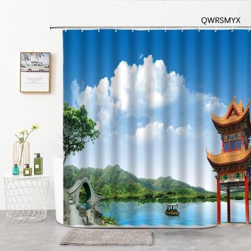 Green Mountain Lake Water Landscape Shower Curtai Pavilion Stone Arch Bridge Natural scenery Bathroom Curtains Bathroom Products