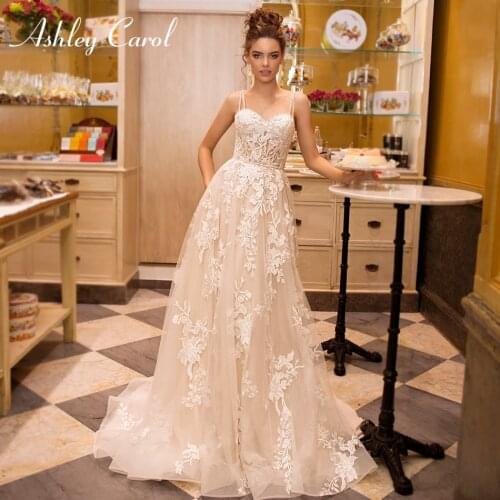 Ashley Carol A-Line Wedding Dress 2021 Beach Spaghetti Straps Beaded Lace Appliques Sweetheart Boho Bridal Gown Vestido De Noiva