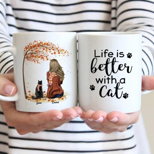 Personalized Mug Girl and Cats Autumn Life Is Better with A Cat Coffee Cups Gift for Family DIY 11/15 Oz R2068