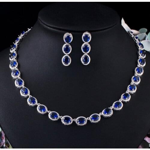 CWWZircons White Gold Color Round Royal Blue Cubic Zircon Crystal Big Necklace and Earrings Jewelry Sets for Women Wedding T481