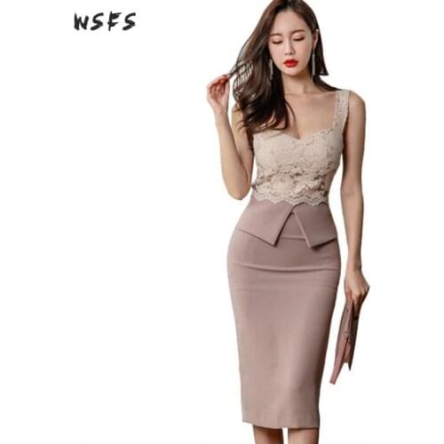 Summer Lace Dress Khaki Spaghetti Strapless Women Dresses Vintage Office Ladies Bodycon Sexy Party Pencil Midi Club Sundress2018