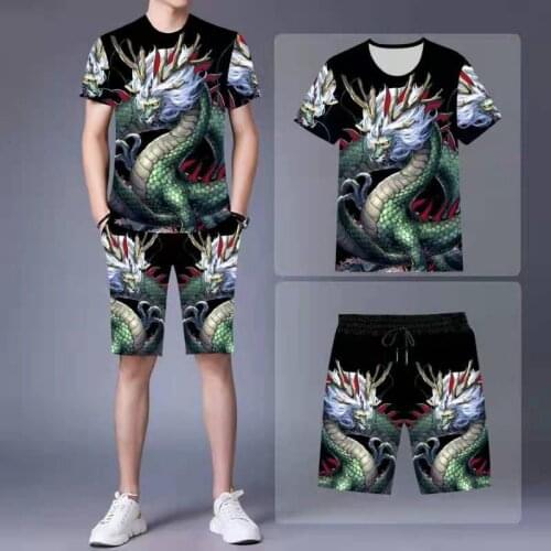 Summer Chinese style mens 3D green dragon printing short-sleeved T-shirt + shorts 2-piece loose and refreshing dragon suit