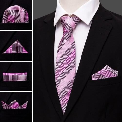 LS-1473 Barry.Wang Classic Men`s Tie 100% Silk Pink Striped Necktie Hanky Cufflink Set For Men`s Wedding Party Business