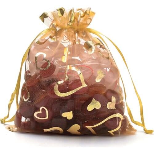 100pcs 9x7cm Organza Bags Jewelry Packaging Bags Wedding Party Decor Drawable Bags Gift Pouches With Silver Color Hearts Printed