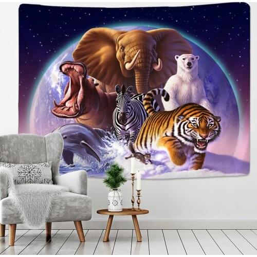 Animal World Wall Hanging Tapestry Lion Tiger Zebra Bear Dolphin Rhinoceros Printed Tapestry Wall Hanging Psychedelic Decor