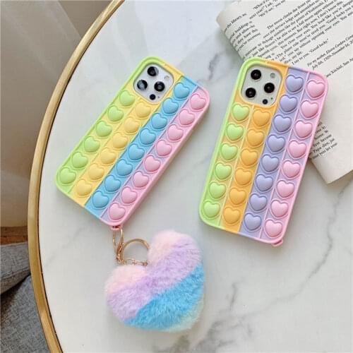 Fidget Toys Pop It Phone Case for Iphone 11/12 Pro Max Silicone Pop Its Heart Shape Popit Push Pop Bubble Game Cell Phone Case