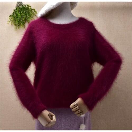 Ladies women fashion hairy fuzzy mink cashmere knitted long sleeves slim bottoming blouses pullover angora fur jumper sweater