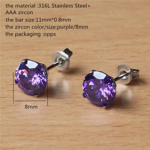 316 L Stainless Steel With 8mm Round AAA Purple Zircon Stud Earrings For Men And Women 201903011410