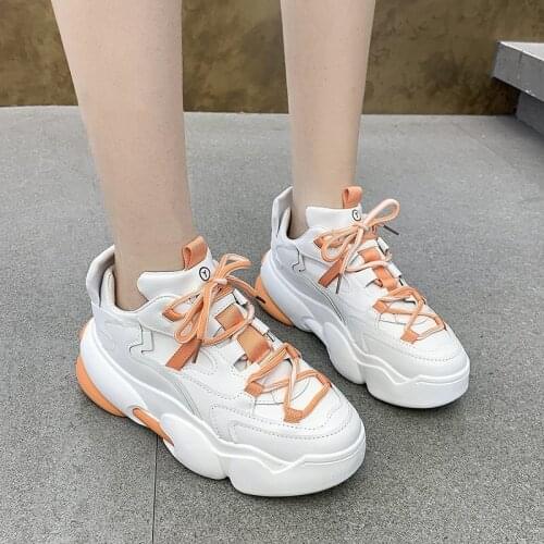 2021 Womens Shoes Fashion White Platform Sneakers Thick Sole Lace Up Dad Shoes Spring Chunky Sneakers Female Vulcanize Shoes