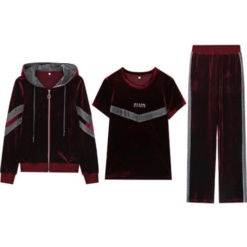 Womens Gold Velvet Plus Size 4XL Sets Hooded Coat Female Spring Autumn 2021 Casual Tops Sweatpants Sportswear Three-Piece Suit