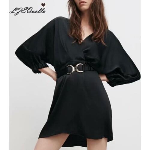 LZEQuella Sexy V Neck Satin Mini Shirt Dress Spring Summer Long Sleeve Dresses High Waist A Line Belt Vestidos For Women NZ3451