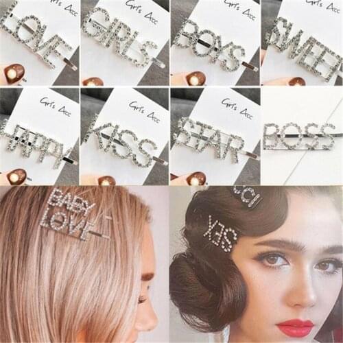 1pcs Glitter Letter Hairpins Crystal Shiny Rhinestones Letters Hair Clips Women Styling Tool Hairgrip Diamond Accessories T0823