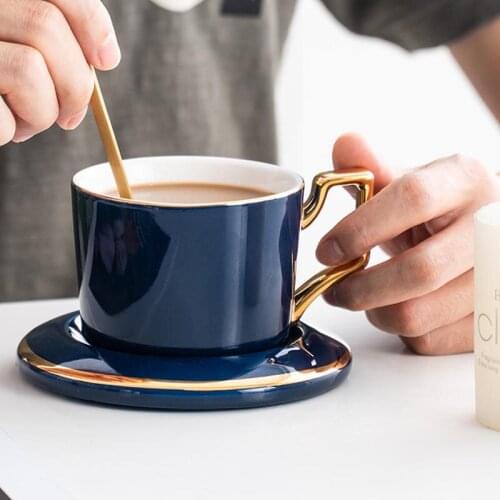 230ml Sapphire Blue Coffee Cup Saucer Kit Ceramic Porcelain Gold Handle Cups Drinkware Luxurious Mug Breakfast Milk Mugs Teaware