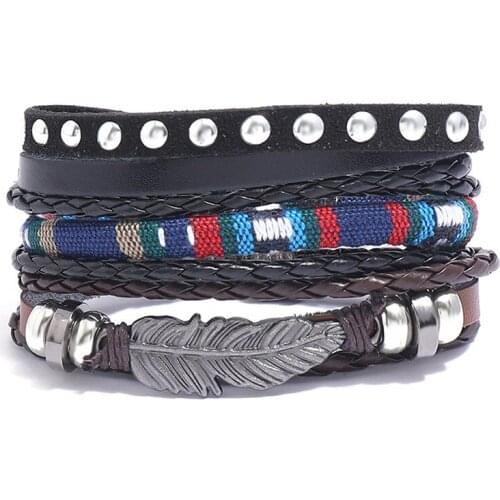 3pcs/set Metal Feather Leather Men Bracelet Women Jewelry Fashion Multilayer Bohemian Charm Punk Style Bracelets & Bangles