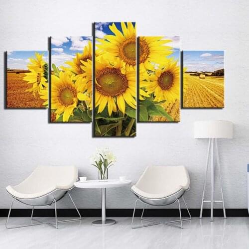 5 Panels Canvas Print Decorative Painting Wall Art for Living Room Bedside Sunflower Flower Field Photo Modern Home Decoration
