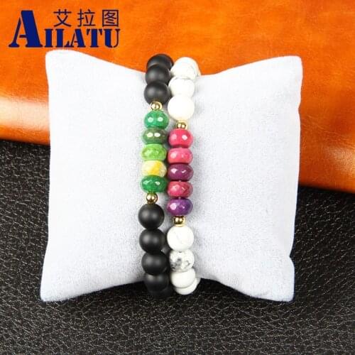 Ailatu 8mm Natural White Howlite Stone Fire Onyx Beads Distance Bracelet Couples' Elastic Bead Jewelry