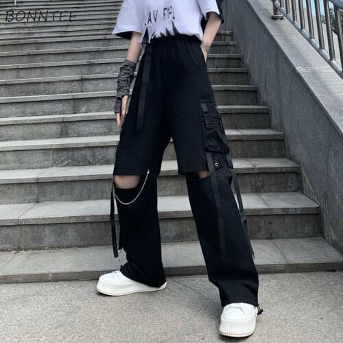 Pants Women Cargo Loose Hollow Out Cool Girls Hip Hop Fashion Punk Student Pockets Shirring Casual All-match Chic Oversize S-3XL