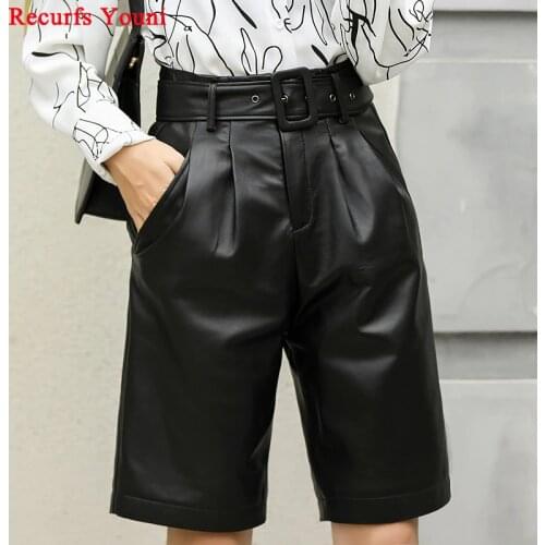 Woman Genuine Leather Midi long Black Trousers female 2020 High Waisted Belt Bermuda Shorts Mujer Casual Wide Leg Punk Hotpants