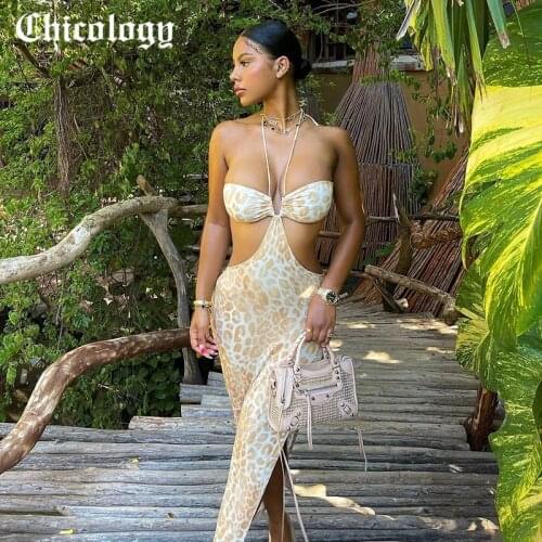 Chicology Women Summer 2021 Halter Dress Leopard Print Sexy Hollow Out High Waist Midi Slit Side Birthday Party Club Dresses