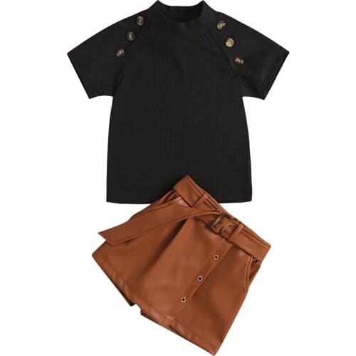 1-6Y Toddler Kids Baby Girl Short Sleeve Cotton T-shirt Tops PU Leather Skirted Shorts 2PCS Outfits Fashion Children Clothes Set