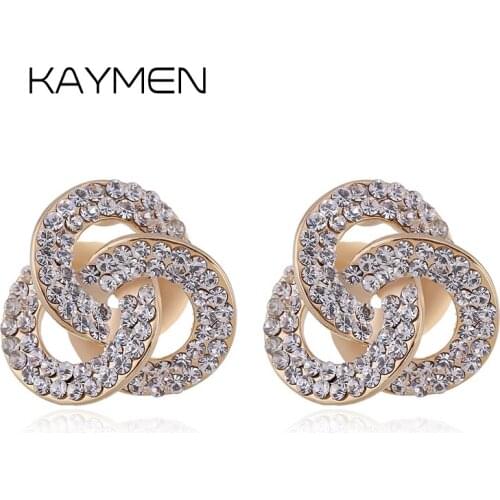 KAYMEN 3 Circle-Shape Full Rhinestones Fashion Stud Earrings for Girl Golden Plated Sweet Cute Fashion Earrings Bijou Jewelry
