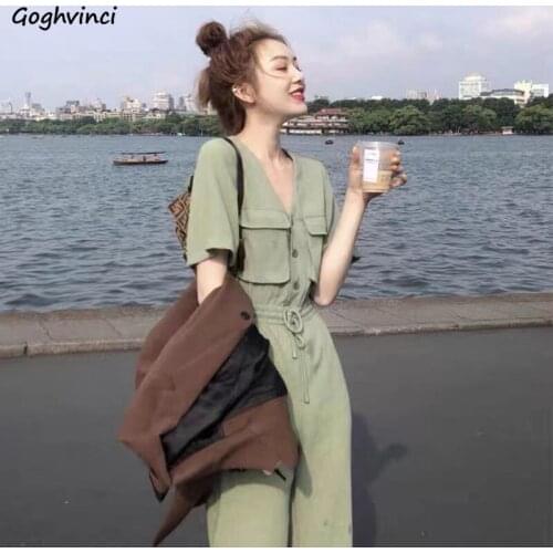 Jumpsuits Women V-neck Pockets Fashion Drawstring High Waist Cozy Female Casual Ankle Length Streetwear Summer Vintage Solid Ins