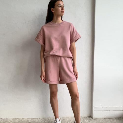 Summer Cotton Sets for Women Casual Two Pieces Short Sleeve T Shirts and High Waist Short Pants Solid Outfits Tracksuit Joggers