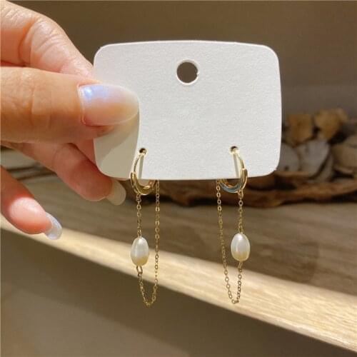 MENGJIQIAO 2021 Korean Fashion Metal Chain Tassel Hoop Earrings For Women Elegant Pearl Boucle D'oreille Oorbellen Jewelry