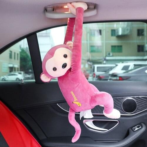 Cartoon Monkey Car Backseat Hanging Tissue Bag Soft Short Plush Handrail Case Holder Auto Toys For Kids Children Accessories