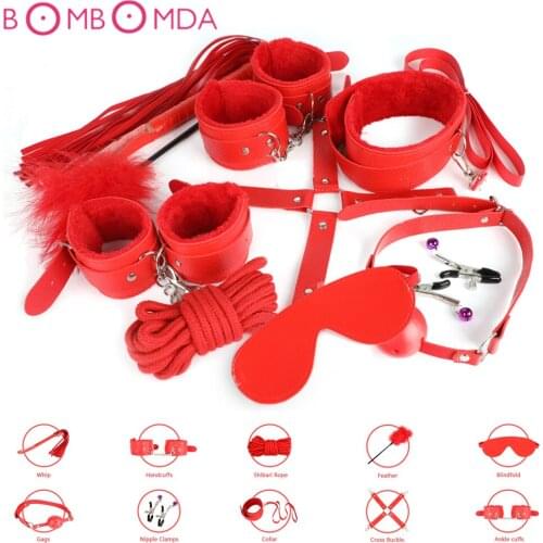 10PCS Set BDSM Bondage Slave Game Handcuffs Nipple Clamps Gag Whip Rope Blindfold Collar Tickler Sex Products for Adults Couple