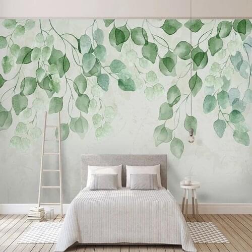 Custom 3D Mural Wallpaper Green Leaf Watercolor Hand Painted Pastoral Living Room Sofa TV Background Wall Painting Wall Decals