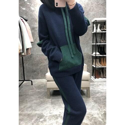 2020 New Arrival Elastic Waist Winter New Womens Suit Wool And Cashmere Hooded Knitted Sweater Pants Two-piece Casual Warm
