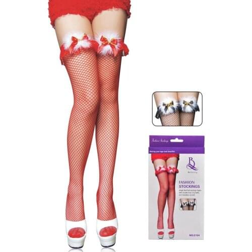New Women Ladies Casual Fishnet Stocking Christmas Fuzzy Bowknot Solid Red Stockings Net Hollow Out Sexy Women Girls Leggings