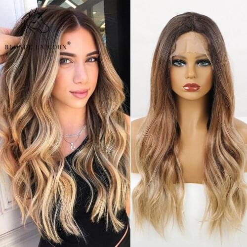 Blonde Unicorn Ombre Brown Root to Blonde Long Wavy Synthetic Lace Part Hair Wigs For Black White Women Heat Resistant Daily Use