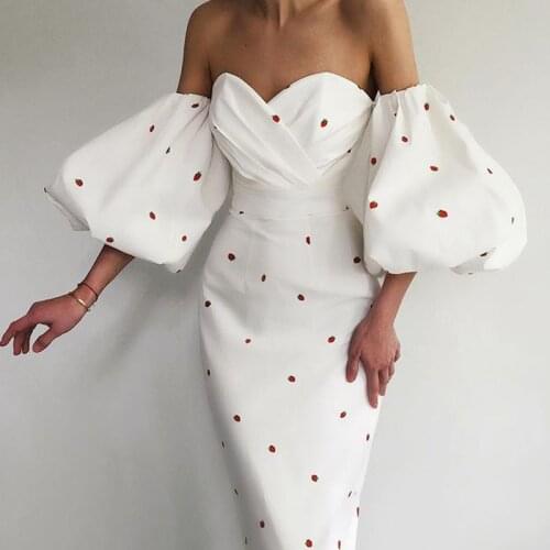 Sweet Lantern Sleeve Print Mid Dress Elegant Off Shoulder Empire Waist Bodycon Party Outfits Sexy V-neck Chest Wrapping Robe