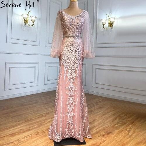 Serene Hill Muslim Pink Lace Beaded Luxury Evening Dresses Gowns 2021 Mermaid Elegant Beaded For Women Wedding Party LA71225