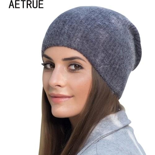 AETRUE Skullies Beanies Knitted Hat Women Rabbit Wool Winter Hats For Women Girls Warm Cap Baggy Bonnet Solid Female Beanie Hat