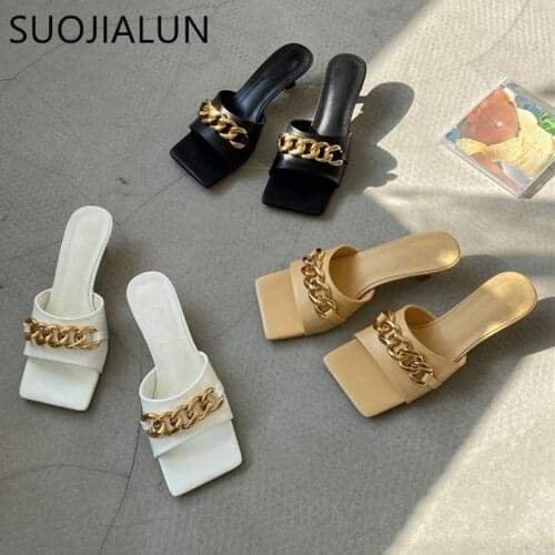 SUOJIALUN 2021 New Fashion Low Heel Slipper Brand Chain Open Toe Women Sandal Shoes Summer Outdoor Casual Flip Flops Slide Mujer