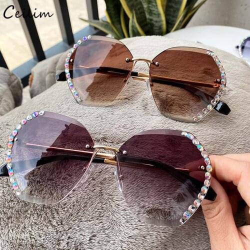 Luxury Brand Crystal Diamond Rimless Sunglasses Women 2021 New Oversize Clear Gradient Sun Glasses Fashion Shades For Female